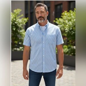 Charles Tyrwhitt Weekend Non Iron Slim Fit Blue White Checked Shirt Mens Size XL